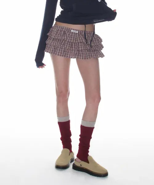 [CRANK] Tiered Micro Skirt Pants_Wine Check / 티어드 마이크로 스커트 팬츠_와인 체크