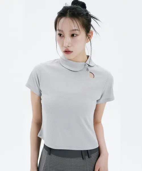 [HANAHI] Polka dot round collar tee GREY