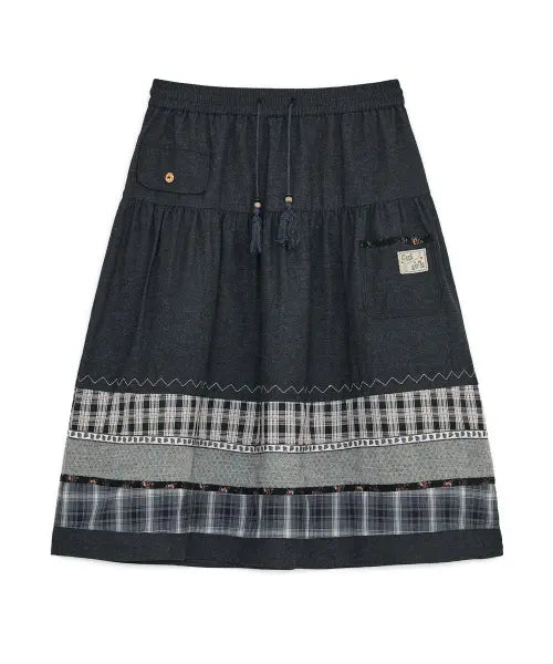 [HUG YOUR SKIN] Vintage pattern midi skirt (Black Denim) / 빈티지 패턴 미디 스커트 (블랙 데님)