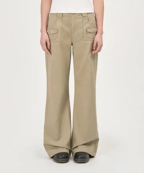 [PEPLEE] Mini Pocket Boots Cut Cotton Pants (Beige)