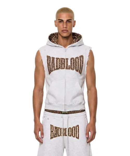 [BADBLOOD] Curved Logo Sleeveless Hood Zip-Up - Leopard Melange / 커브드 로고 슬리브리스 후드 집업 - 레오파드 멜란지