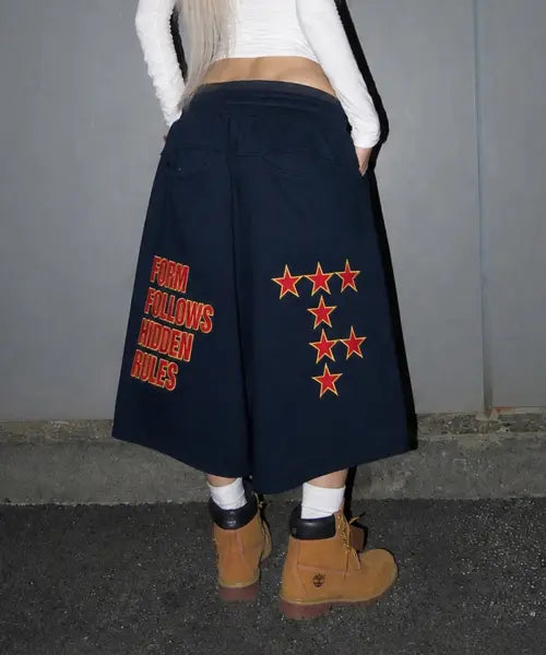 [EASY NO EASY] Star Lettering Patch Bermuda Sweatpants - Navy / 스타 레터링 패치 버뮤다 스웻 팬츠 - 네이비
