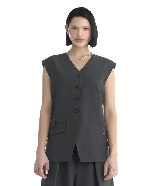[TREEMINGBIRD] Minimal Button-Detail Set-Up Vest [ Charcoal ]