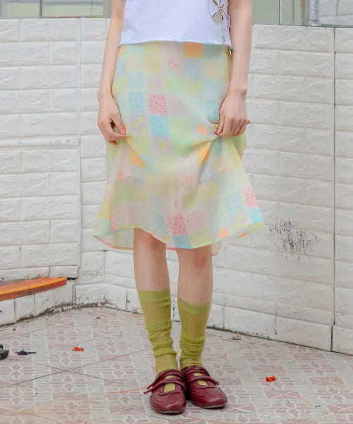 [RuNaKi'Hu'] WXSK018 Natsu Omokage Chiffon Midi Skirt (Multi Check) / WXSK018 나츠 오모카게 쉬폰 미디 스커트 (MULTI CHECK)