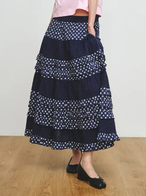 [PLZPROJECT] EYELET FRILL SKIRT, NAVY