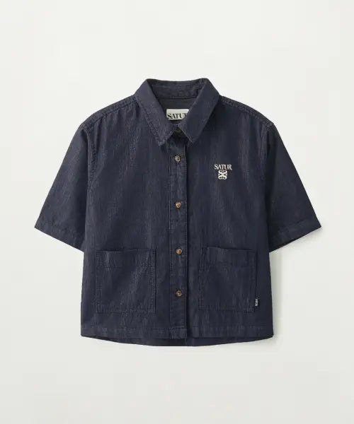 [SATUR] (W) Light Weight Denim Pocket Half Shirt Indigo / (W) 라이트 웨이트 데님 포켓 하프 셔츠 인디고