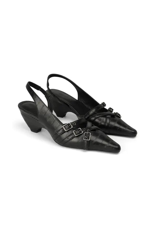 [DEINET] BUCKLE STRAP SLINGBACKS IN BLACK