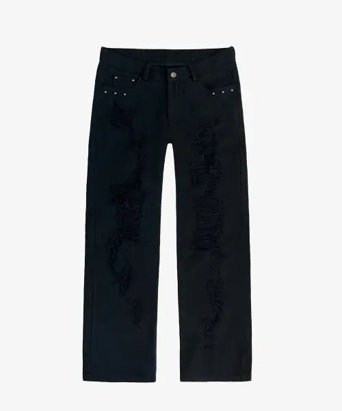 [BLACK PURPLE] Destroyed Low-Rise Semi-Slim Pants _Black / 디스트로이드 로우 세미 슬림 팬츠_블랙 Destroyed Low-Rise Semi-Slim Pants _Black