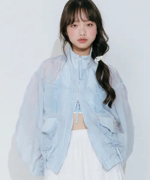 [MELLOTORY] SHIRRING SEE THROUGH WIND JACKET (2color) / 셔링 시스루 윈드 자켓 (2color)