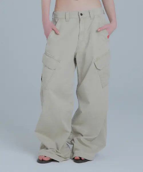 [FRANTICSERVICE] Cargo wide-leg utility pants - Beige / 와이드 카고 유틸리티 팬츠 - 베이지