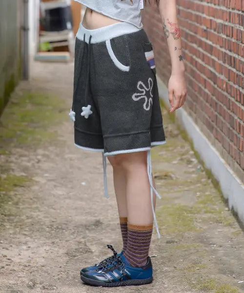 [RuNaKi'Hu'] Bubble Hoshi Knit Shorts (Charcoal) / WXK036 버블 호시 니트 쇼츠 (CHARCOAL)