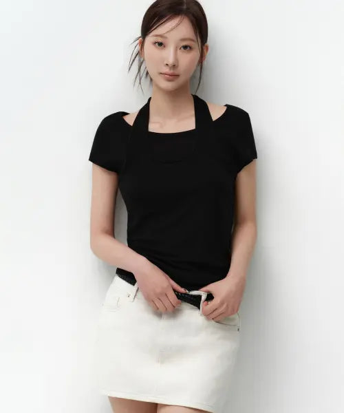[MUSINSA STANDARD WOMAN] Women's Wool Tencel Halter Layered T-Shirt [Black] / 우먼즈 울 텐셀 홀터 레이어드 티셔츠 [블랙]