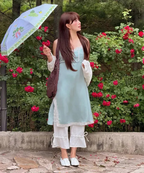 [SINOON] Satin Lace Ribbon Onepiece (Moss Green)
