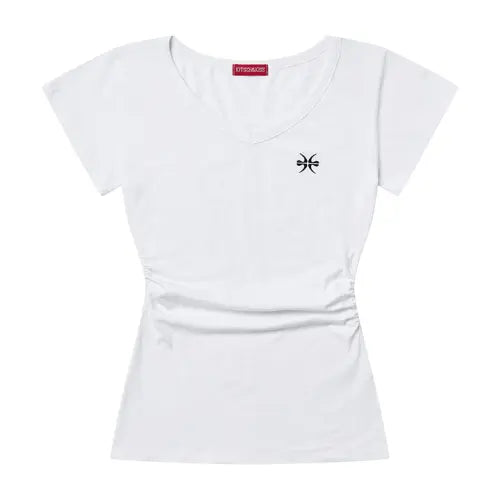 [KITSCH\u0026KISS] Shirring V-neck Embroidered T-shirt / 셔링 브이넥 자수 티셔츠 (26STP-SSTS01)