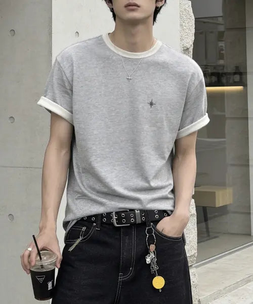 [NOMBRE] SIGNATURE EMBROIDERY CONTRAST CROP T-SHIRT [GRAY] / 시그니처 자수 배색 크롭 티셔츠 [그레이]