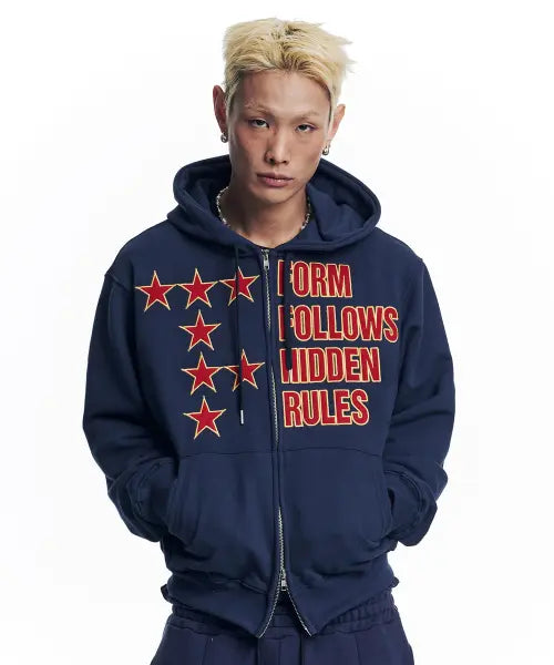 [EASY NO EASY] Star Lettering Patch Hooded Zip-Up - Navy / 스타 레터링 패치 후드 집업 - 네이비