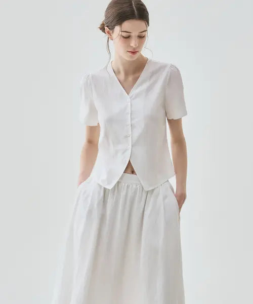 [DRAWFIT WOMEN] BACK LACE UP PUFF HALF SLEEVE BLOUSE [IVORY] / 백 레이스업 퍼프 슬리브 반팔 블라우스 [IVORY]