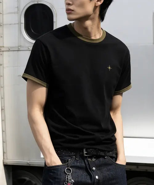 [NOMBRE] SIGNATURE EMBROIDERY CONTRAST CROP T-SHIRT [BLACK] / 시그니처 자수 배색 크롭 티셔츠 [블랙]