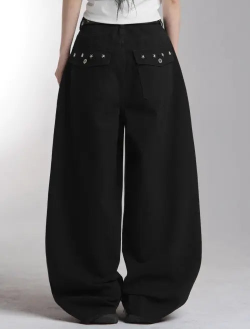 [LOOXP] Stud Back Pocket Cotton Balloon Long Pants Black / 스터드 백포켓 코튼 벌룬 롱팬츠 블랙