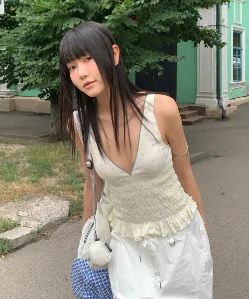 [URAGO] Floral smocked V sleeveless_2colors