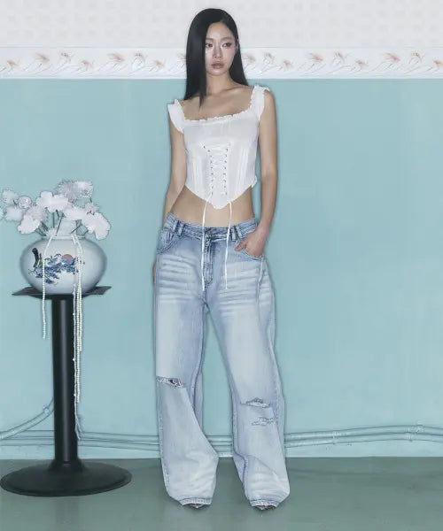 [PLEASENOFOLLOW] 25Damaged Washing Wide Denim (Ice Blue)