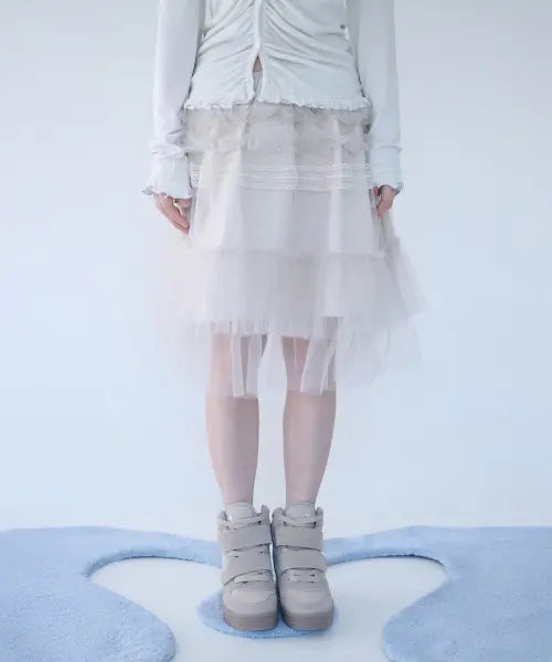 [MIRECO] TULLE FRILL MIDI SKIRT SOFT BUTTER