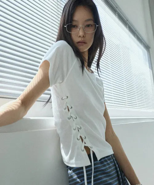 [RENSE] Eyelet Slit Raglan Tee Ivory