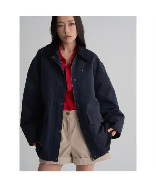 [8SECONDS] Corduroy Panel Work Jacket - Navy / 코듀로이 배색 워크재킷  네이비