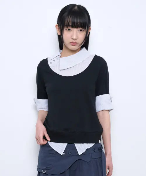[TUOMIO] ASYMMETRIC COLLAR TOP [BLACK]