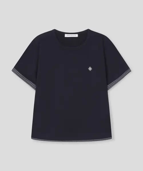 [SLOW RECORD HOUSE] Layered Check Roll-Up T-Shirt_Navy / 레이어드 체크 롤업 티셔츠_네이비