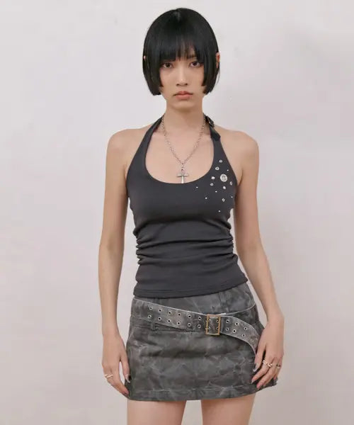 [NO EXTRA TOUCH] Eyelet Belted Halterneck Shirred Top (Charcoal) / 26SPSL001CH