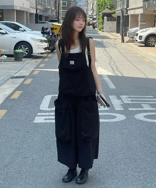 [CARGOBROS FOR WOMAN] OUT POCKET UTILITY SETUP (BLACK) / 아웃 포켓 아메카지 점프수트 투피스 오버롤 셋업 (블랙)