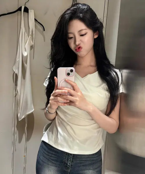 [GENERALIDEA] woman drape shirring half t-shirt [off white] / 드레이프 셔링 져지 블라우스 [OFF WHITE] / GF2LTS527