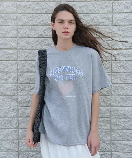 [SOMEWHEREBUTTER] Fuzzy Heart Logo Over-Fit Top - Grey