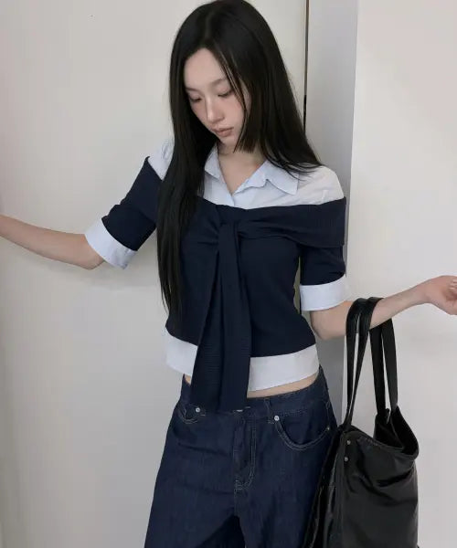 [MIXXO] Daimaru Colorblock Layered Shirt / 다이마루 배색 레이어드 셔츠_MIWYAG608B