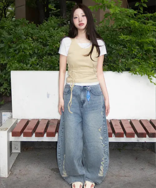 [SECONDSALT] BALLOON DAMAGED DENIM PT (VINTAGE BLUE) / 벌룬 데미지 데님 팬츠 (빈티지블루)