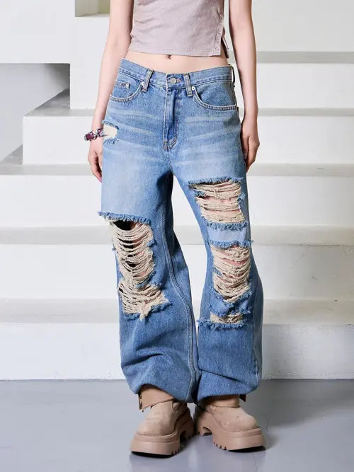 [EUCT] Damage washed denim pants / 데미지 워시드 데님 팬츠