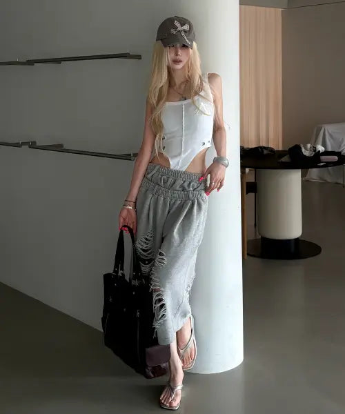 [AS YOU ARE] LAYERED DAMAGE BERMUDA PANTS MELANGE / 레이어드 데미지 버뮤다 팬츠 멜란지