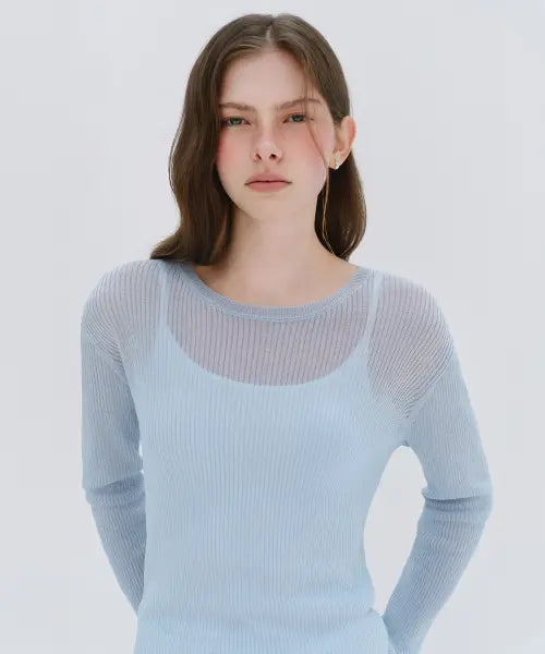 [MUSINSA STANDARD WOMAN] Women's Linen Blend Ribbed Sheer Knit [Cloudy Blue] / 우먼즈 린넨 블렌드 리브드 시어 니트 [클라우디 블루]