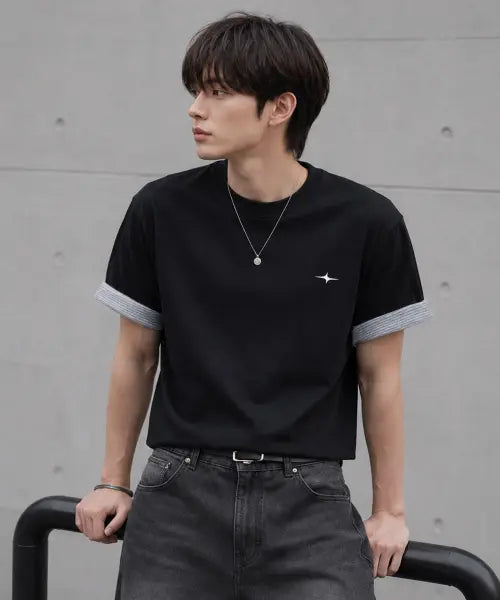 [GHOST REPUBLIC] Cropped Stripe Colorblock Roll-Up Short Sleeve T-Shirt GT-392_Black / 크롭 스트라이프 배색 롤업 반팔티 GT-392_블랙