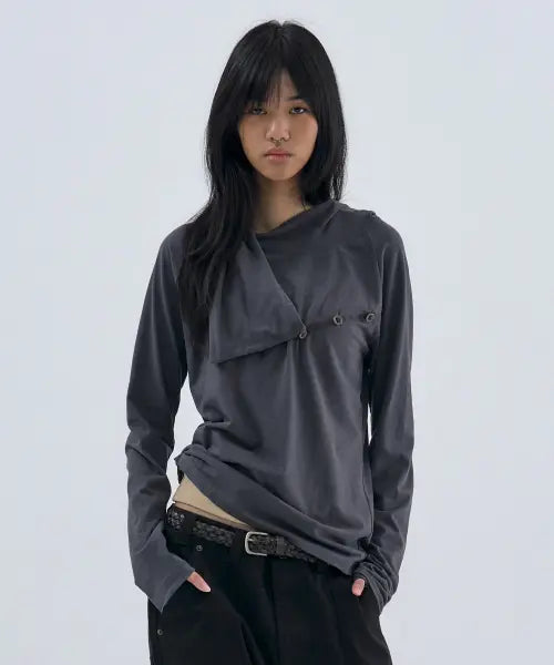 [WELLBEING EXPRESS] Diagonal Button Hoodie Charcoal