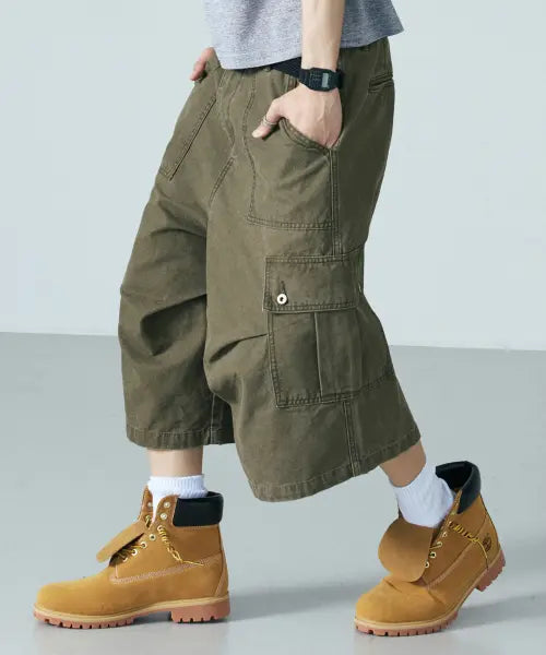 [LXT] Washed Cotton Wide Cargo Bermuda Shorts [Khaki] / 워시드 코튼 와이드 카고 버뮤다 팬츠 [카키]