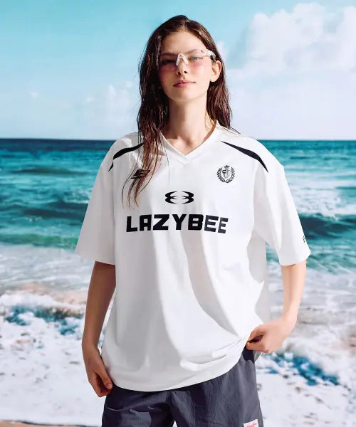 [LAZYBEE] Hydro Mesh Performance Oversized W Rash Guard Short Sleeve Jersey - White / 하이드로 메쉬 퍼포먼스 오버핏 W 래쉬가드 반팔 져지 화이트