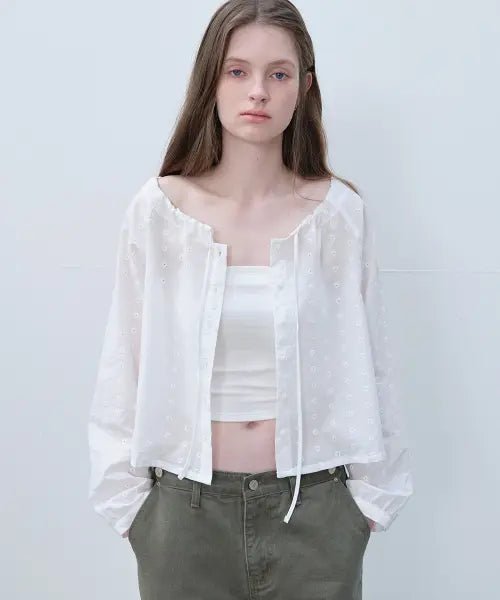 [FRIVER07] Flower eyelet tie blouse [FRSP06BL07]_White