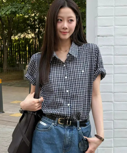 [OURHOPE] Seersucker Check Neck Shirt - Navy / 시어서커 체크 네크라인 셔츠 - Navy