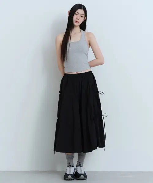 [MUSINSA STANDARD WOMAN] Women's Nylon Ruched Long Skirt [Black] / 우먼즈 나일론 루치드 롱 스커트 [블랙]