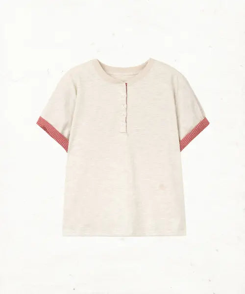 [DANDEL] DD check roll-up henley neck tee (OATMEAL)