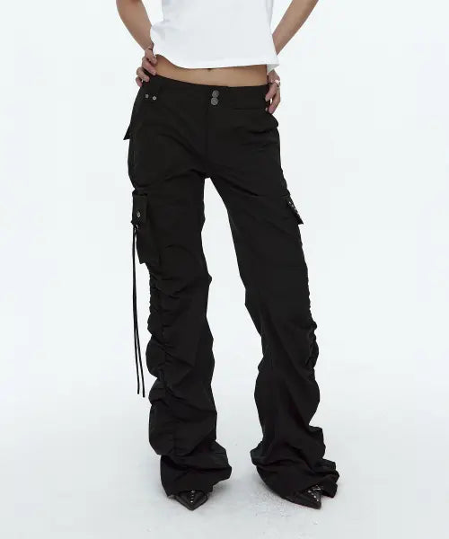 [ROUGHNECK] Shirring Cargo Pants Black