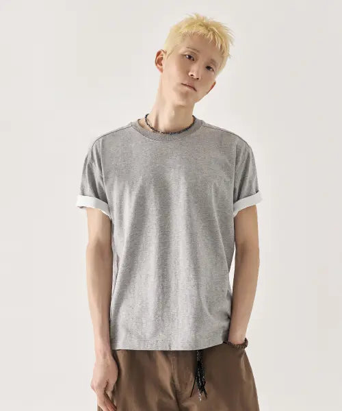 [KIIMUIR] Color-Block Roll-Up Crop Short-Sleeve T-Shirt_Melange Gray / [크롭] 배색 롤업 크롭 반팔 티셔츠_멜란지 그레이