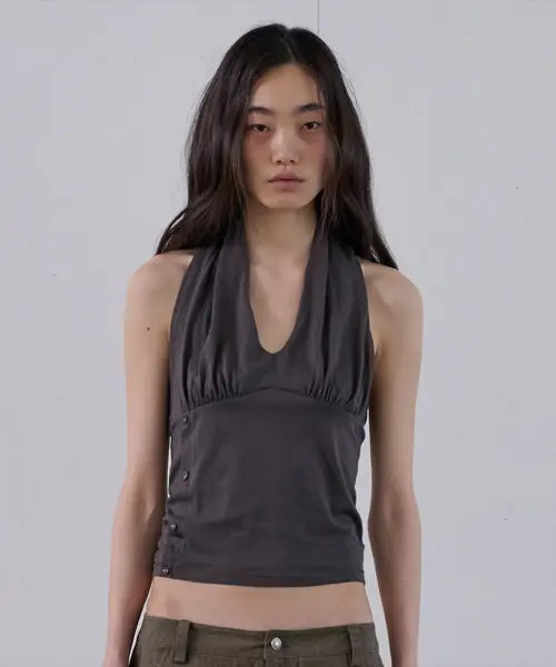 [ORDES] BUTTONED COWL HALTER TOP - CHARCOAL / 버튼드 카울 홀터 탑 - 차콜